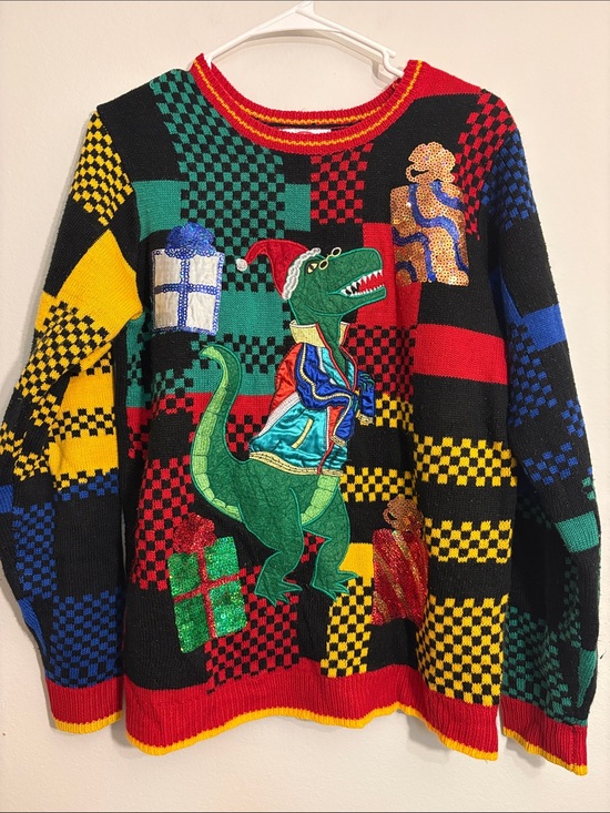 Holiday Time Other - Ugly Christmas Dino Patch Multicolor Checker Sweater